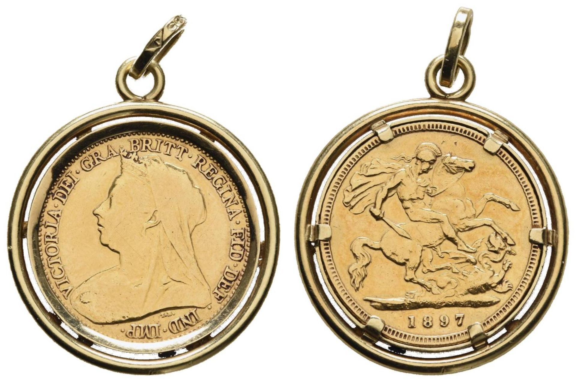 Anhänger aus 1/2 Sovereign, 1897, lose in 585er Gold Fassung, ca. 6.6 g.