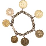 Armband mit 7 Goldmünzen, Panzerkette 333 Gold, 4 x 20 Mark Preussen 1873, 1888, 1899, 1x 20 Franken
