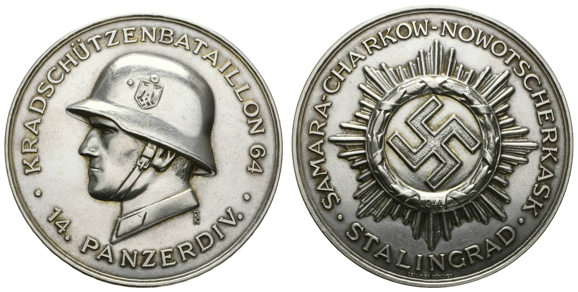 Versilberte Bronzemedaille (Dm 75 mm, 157 g), ohne Jahr, von Deschler München, auf die 14. Panzer-