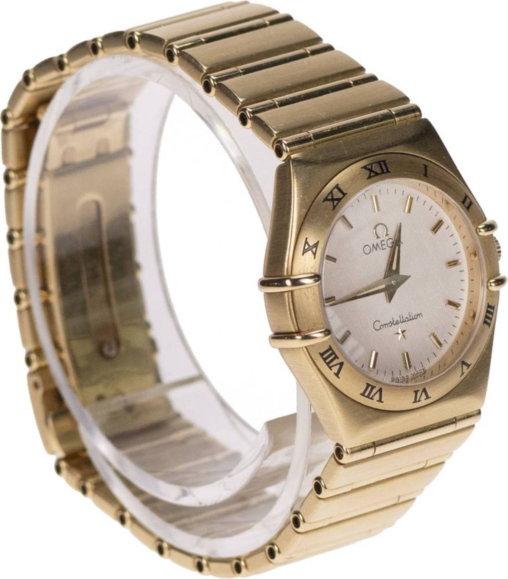 Omega Constellation Damen Armbanduhr. Ca. 26mm, 750er Gelbgold, Quarz. Emailliertes Ziffernblatt mit