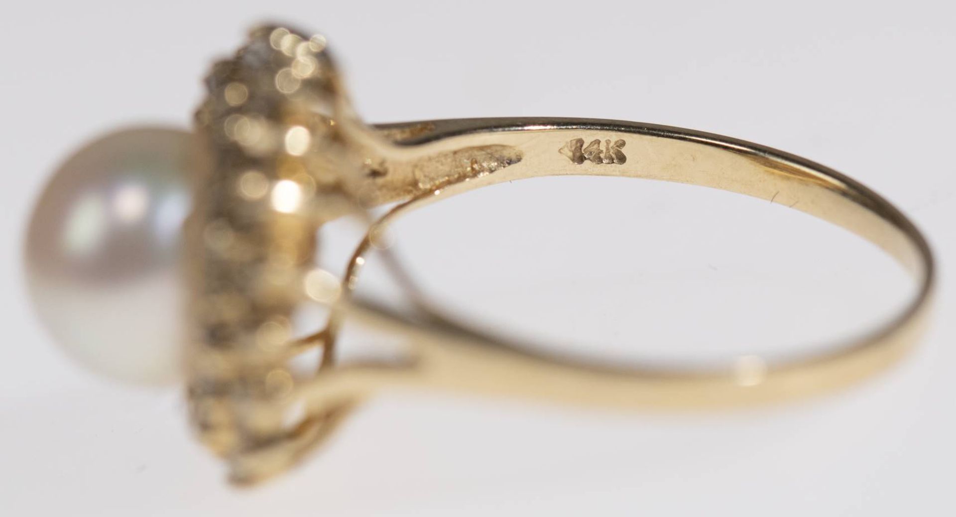 Diamanten Perl Ring, 585 Gelbgold, 40 Rosendiamanten in zwei Reihen (ein Stein fehlt) ca. 0,19 ct, - Bild 4 aus 6