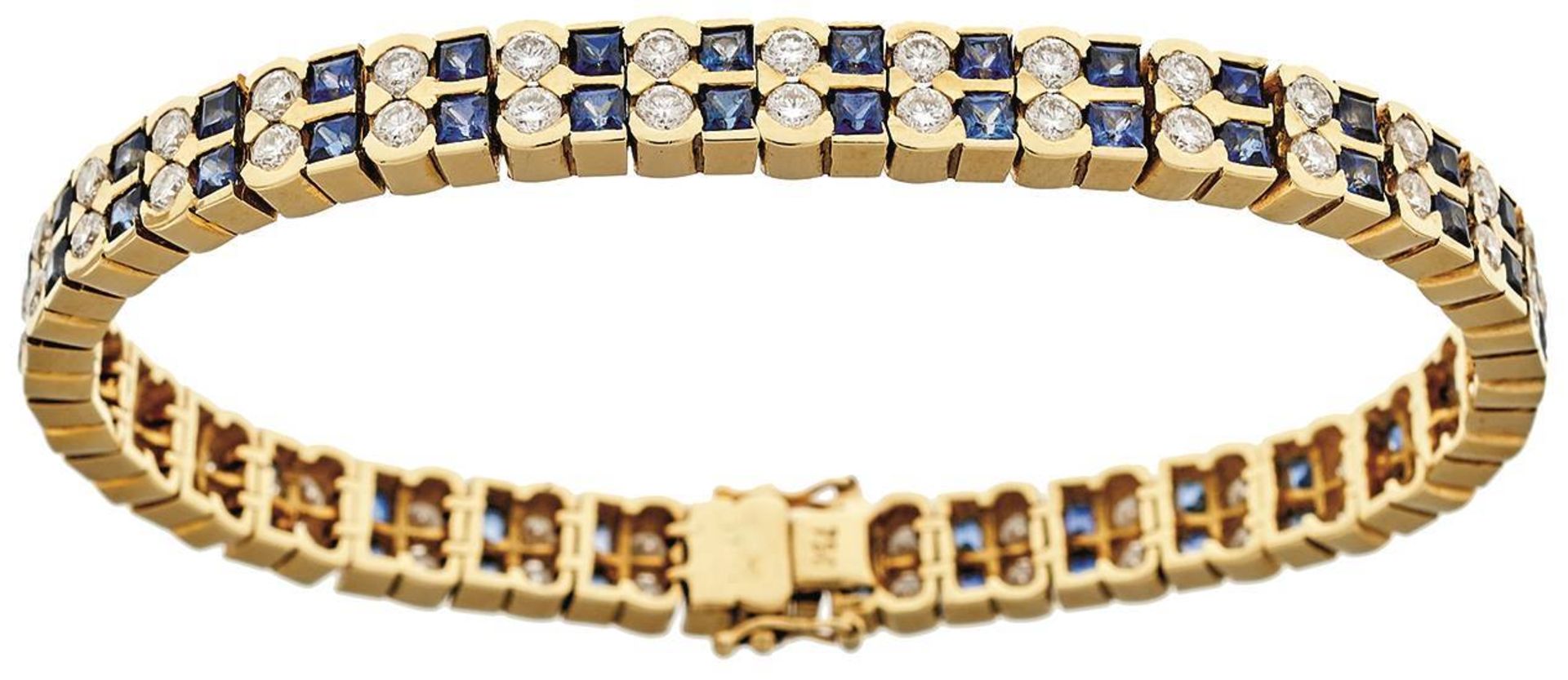 Saphir-Brillant-Armband, 750 Gelbgold, Punze, 66 Brillanten von zus. ca. 3,2ct, 64 Saphiren von zus.