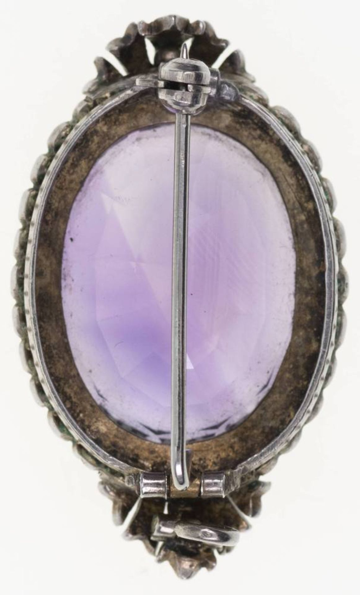 Amethyst Perlen Brosche, 800 Silber vergoldet, ungestempelt, oval facettierter Amethyst von ca. 45 - Bild 6 aus 6