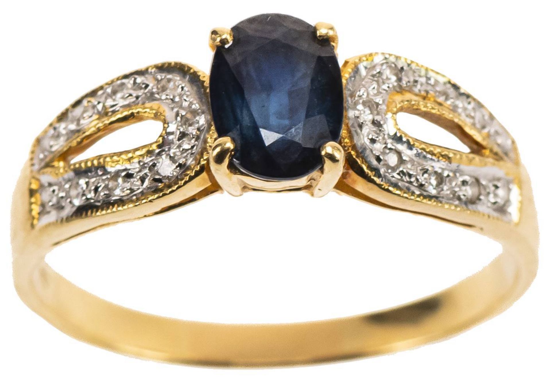 Saphir Diamanten Ring, 750 Gelbgold, 1Saphir in Ovalschliff ca. 1,20ct, 18 Diamanten zus. ca. 0,