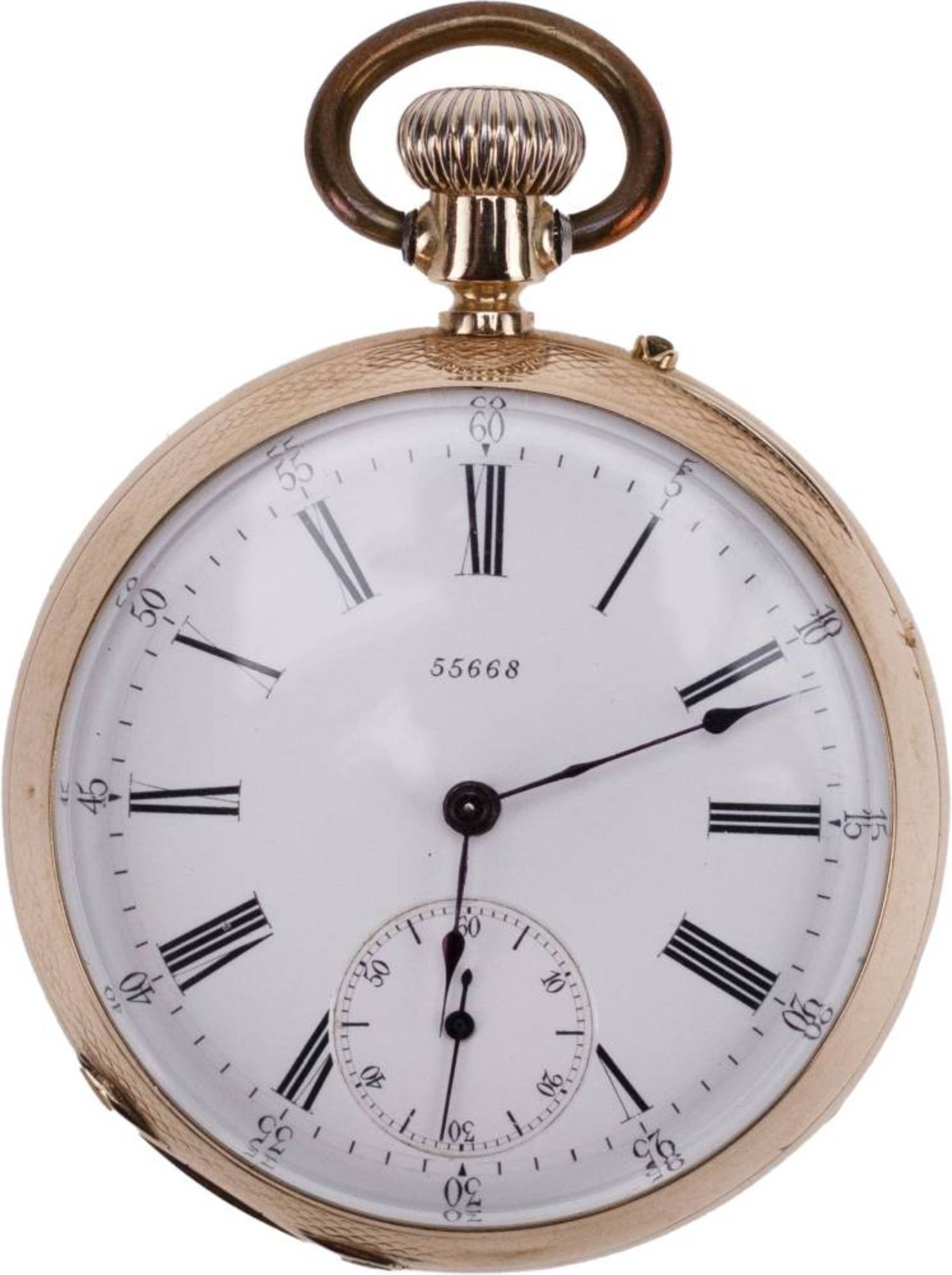 Goldene Taschenuhr. Ca. 47mm, 585er Gold, Handaufzug. Emailliertes Ziffernblatt mit schwarzen - Bild 2 aus 4