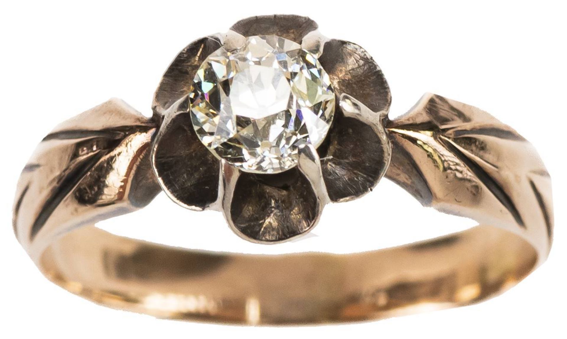 Diamant Solitär Ring, 585 Rotgold, altschliff Diamant von ca. 0,4 ct, sichtbare Lötstelle, RW 50,