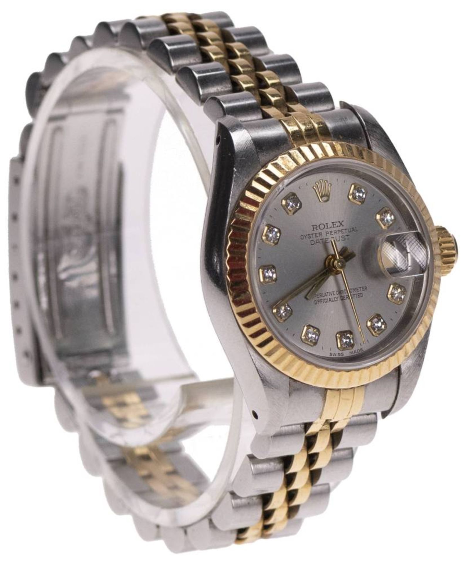 Rolex Datejust Damen-Armbanduhr. Ca. 26mm, Edelstahl, Automatik. Silberfarbendes Ziffernblatt mit 10