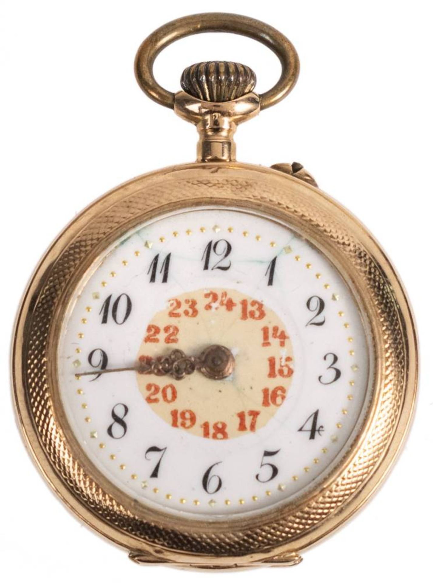 Offene Taschenuhr, um 1890. Ca. 28,3mm, 585er Gold, Handaufzug. Emailliertes Ziffernblatt mit