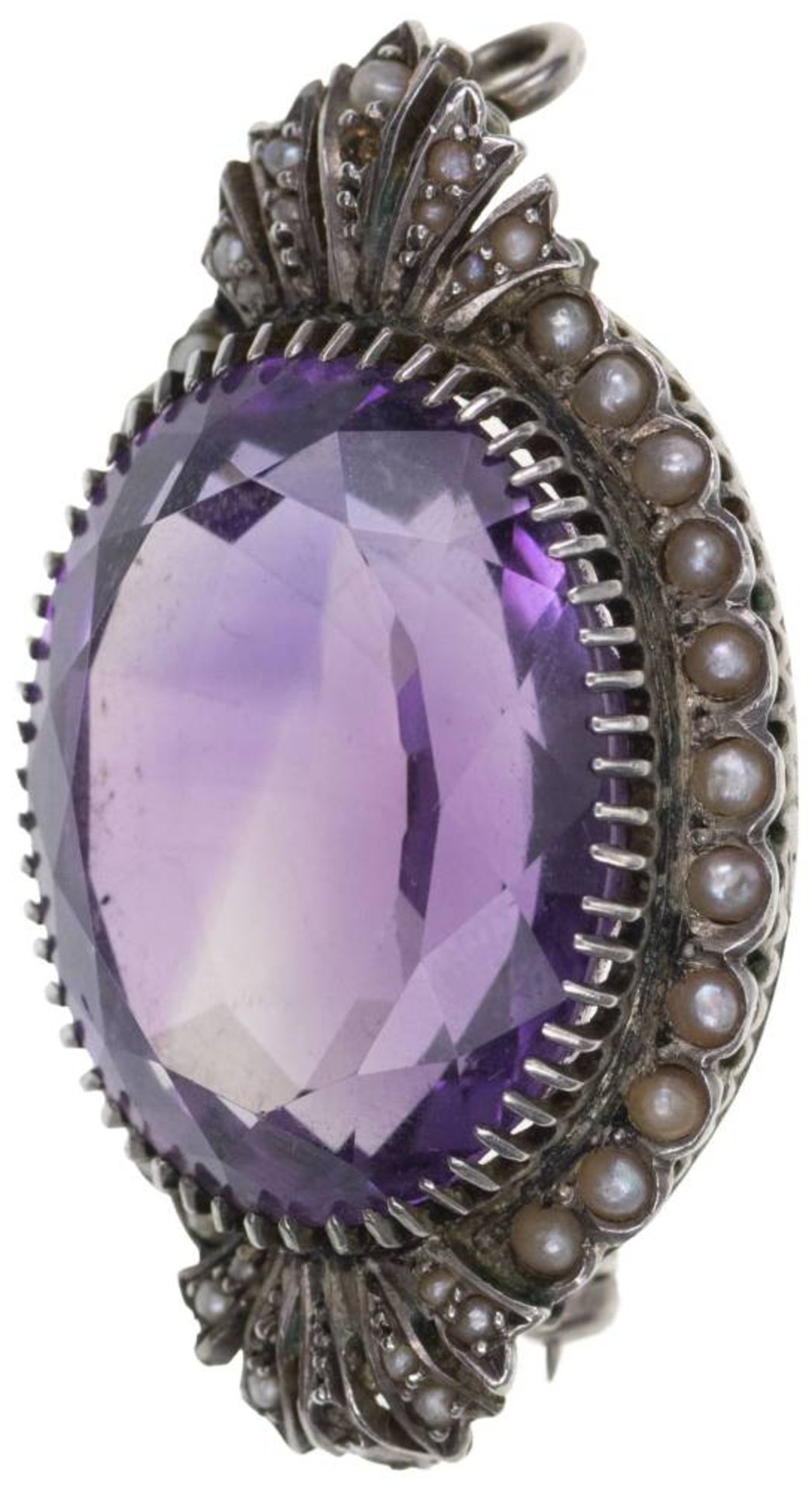 Amethyst Perlen Brosche, 800 Silber vergoldet, ungestempelt, oval facettierter Amethyst von ca. 45 - Bild 2 aus 6