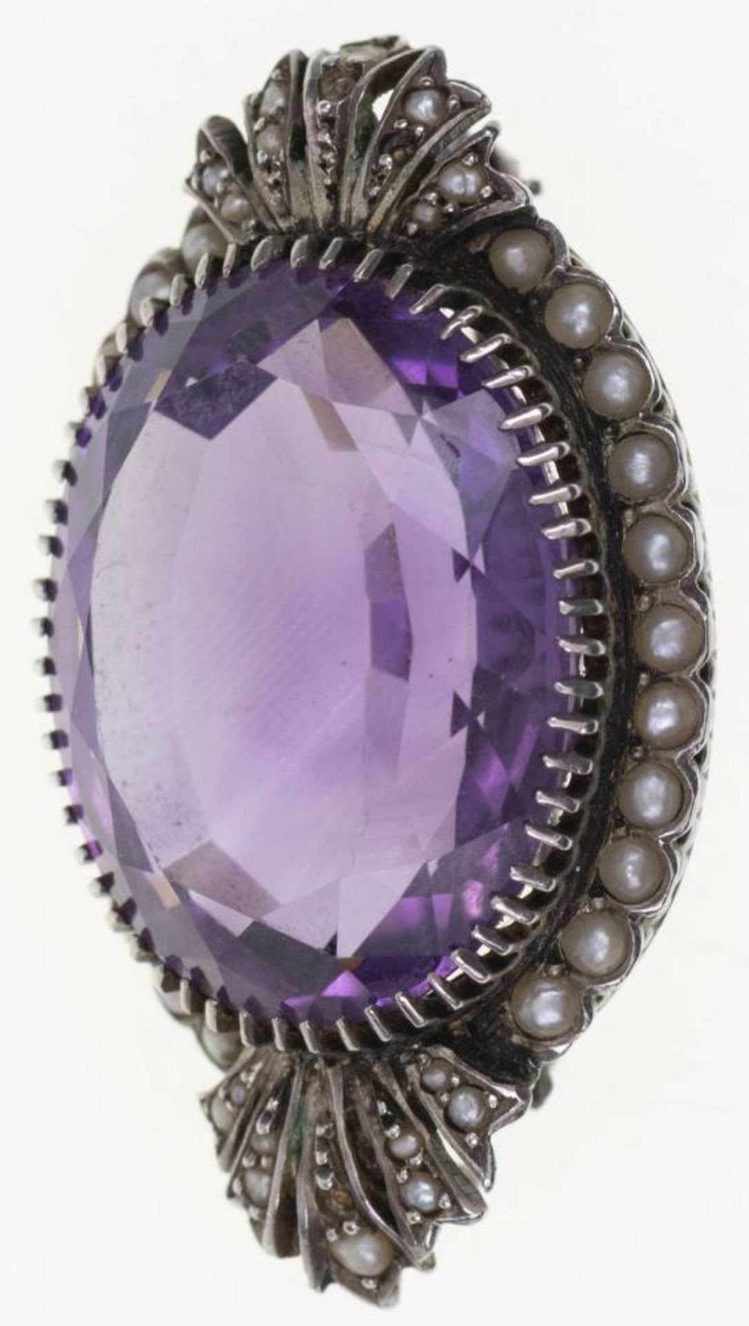 Amethyst Perlen Brosche, 800 Silber vergoldet, ungestempelt, oval facettierter Amethyst von ca. 45 - Bild 4 aus 6