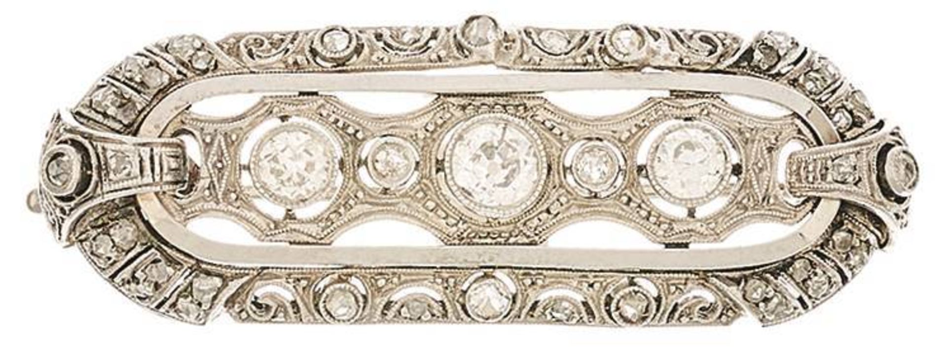 Art Déco Diamant Brosche, um 1920/1930, 750 Gold, Maße 7,8x 1,4 cm, Altschliffdiamanten und kl.