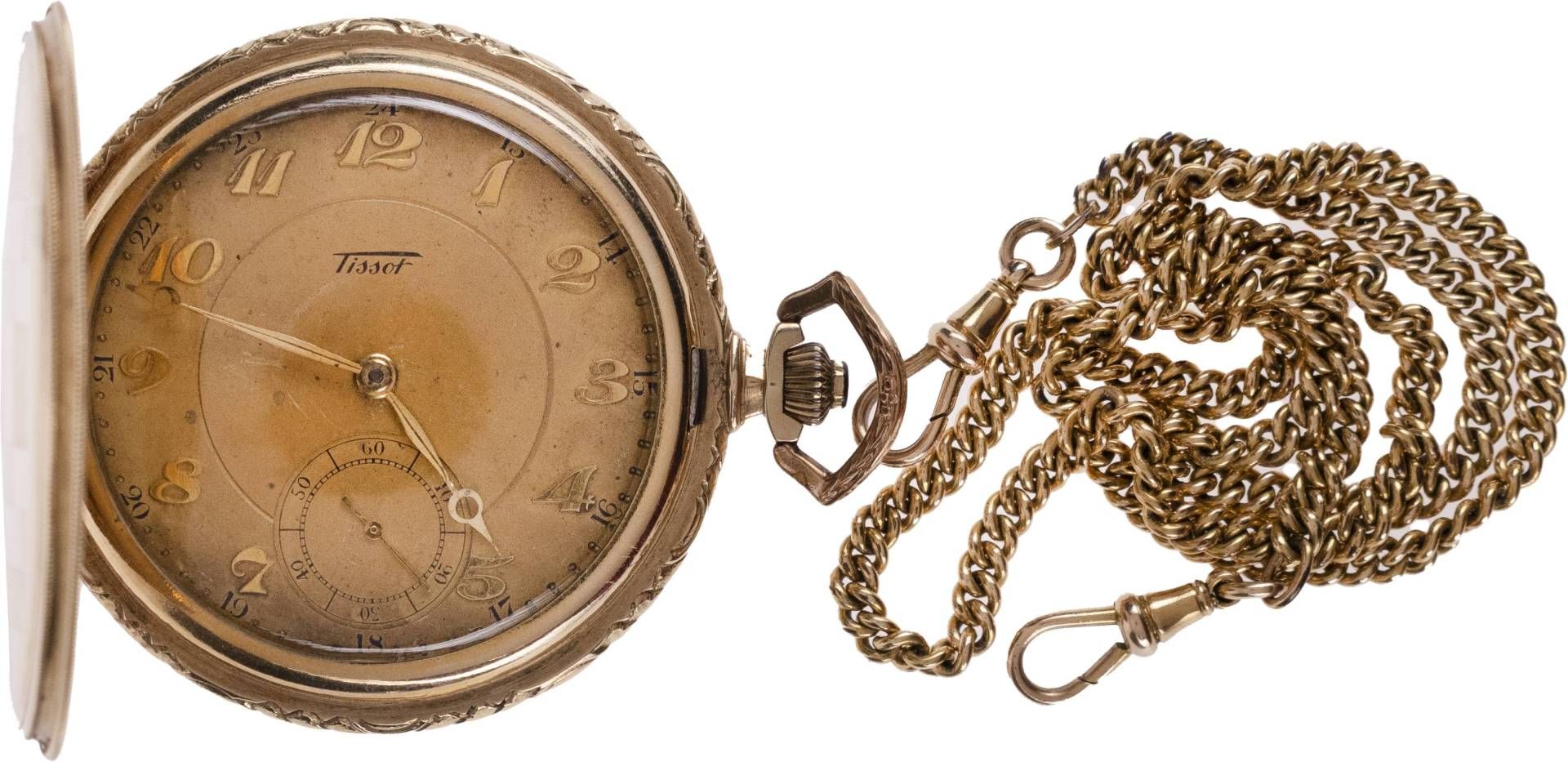 Tissot Locle Taschenuhr. Ca. 51mm, 585er Gold, Handaufzug. Champgnerfarbenes Ziffernblatt mit - Bild 2 aus 4