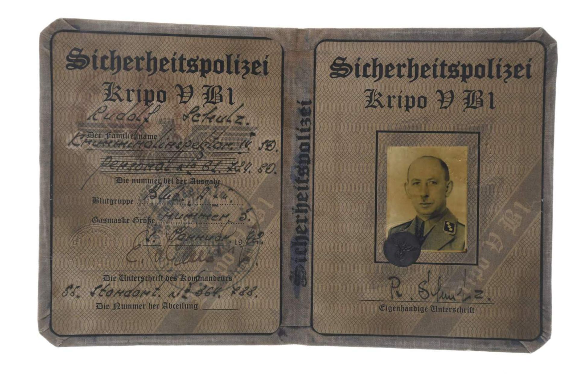 Ausweis, Sicherheitspolizei Kripo V B1, eines Kriminalinspektor IV d. SD, ausgestellt 1942, dazu - Bild 4 aus 5