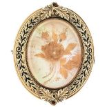 Medaillon Brosche, Mitte des 19 Jh., 8K Gelbgold, 5,9g, 3,1x 2,5cm, Herbarium auf Perlmutteinlage,