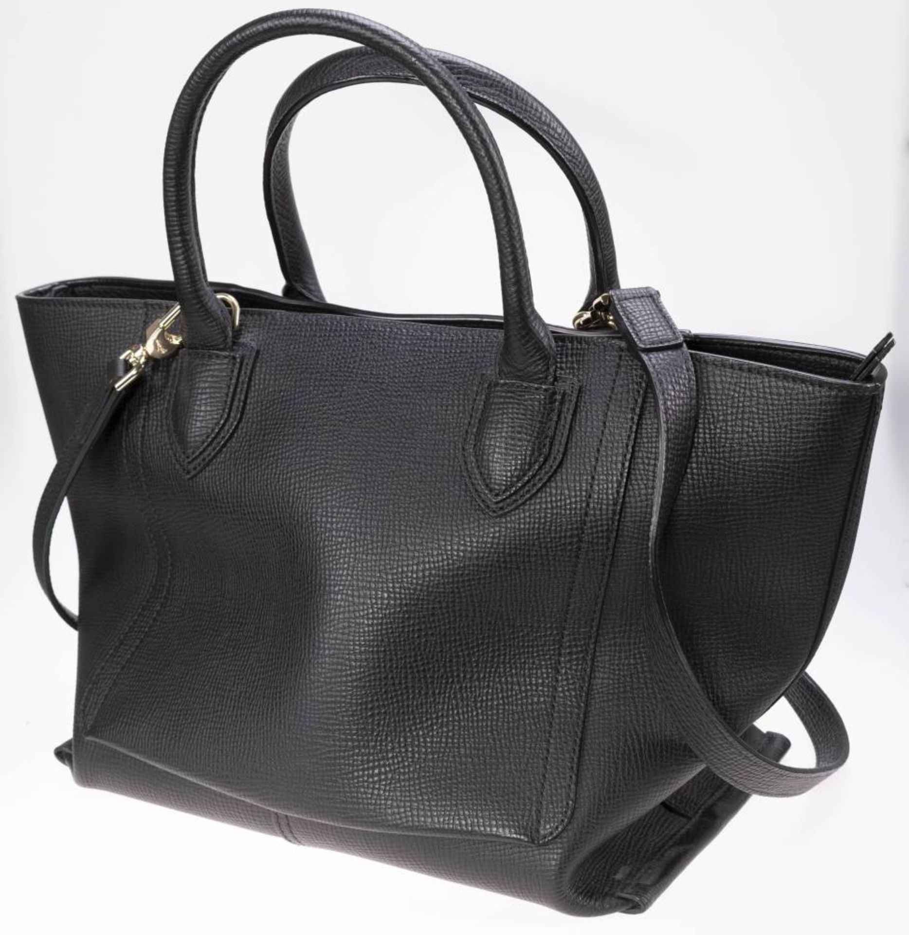 Longchamp Shopper, schwarzes Leder, goldfarbenes Metall, Außentasche mit Reißverschluss, innen - Image 5 of 6