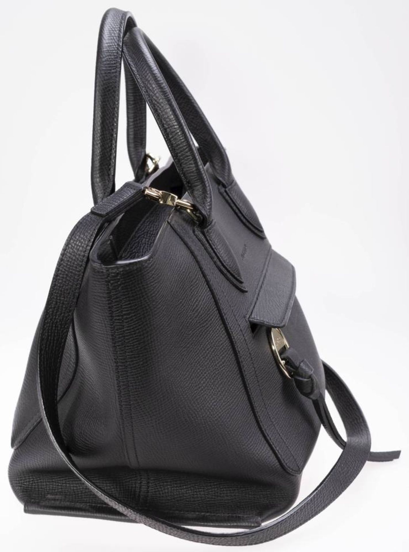 Longchamp Shopper, schwarzes Leder, goldfarbenes Metall, Außentasche mit Reißverschluss, innen - Bild 3 aus 6