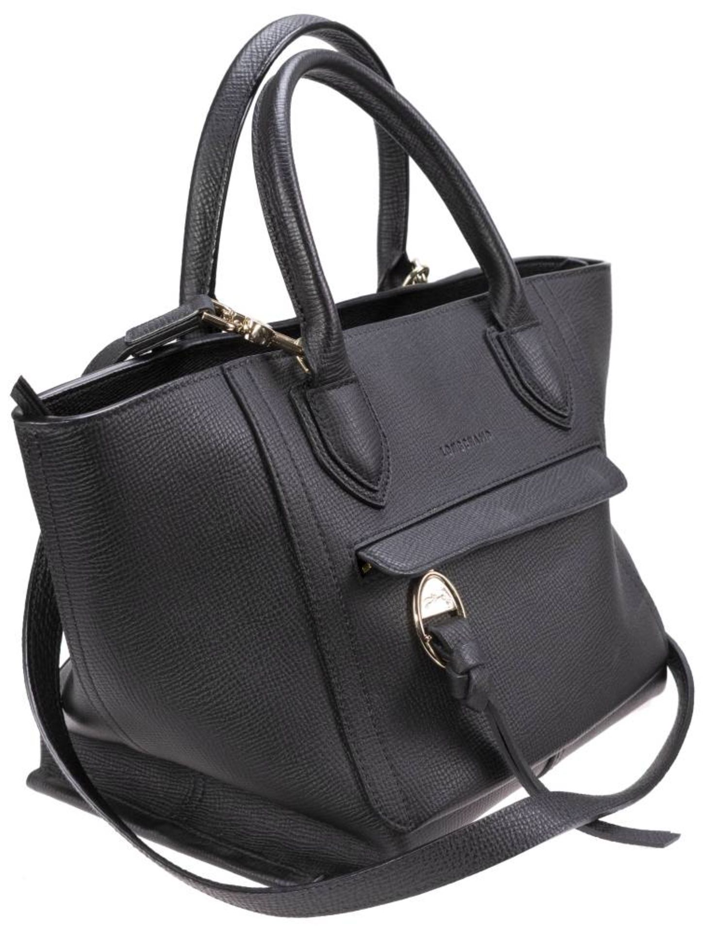 Longchamp Shopper, schwarzes Leder, goldfarbenes Metall, Außentasche mit Reißverschluss, innen