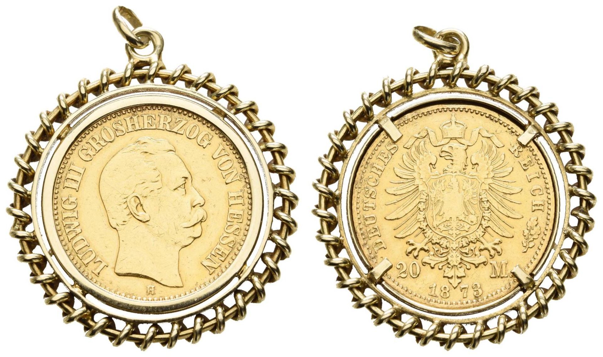 Anhänger Münze, 585 Gold, Goldmünze von Hessen 20 Mark 1873, ca. 13,92g.