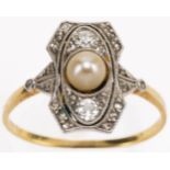 Art Decó Diamanten Perl Ring, 750 Gold, bicolor, um 1930, 2 x 8/8 Diamanten und 22 Diamantrosen zus.