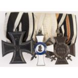 Ordensspange mit 3 Auszeichnungen, dabei Preussen Eisernes Kreuz 1914 2. Klasse, Sachsen Albrechts-