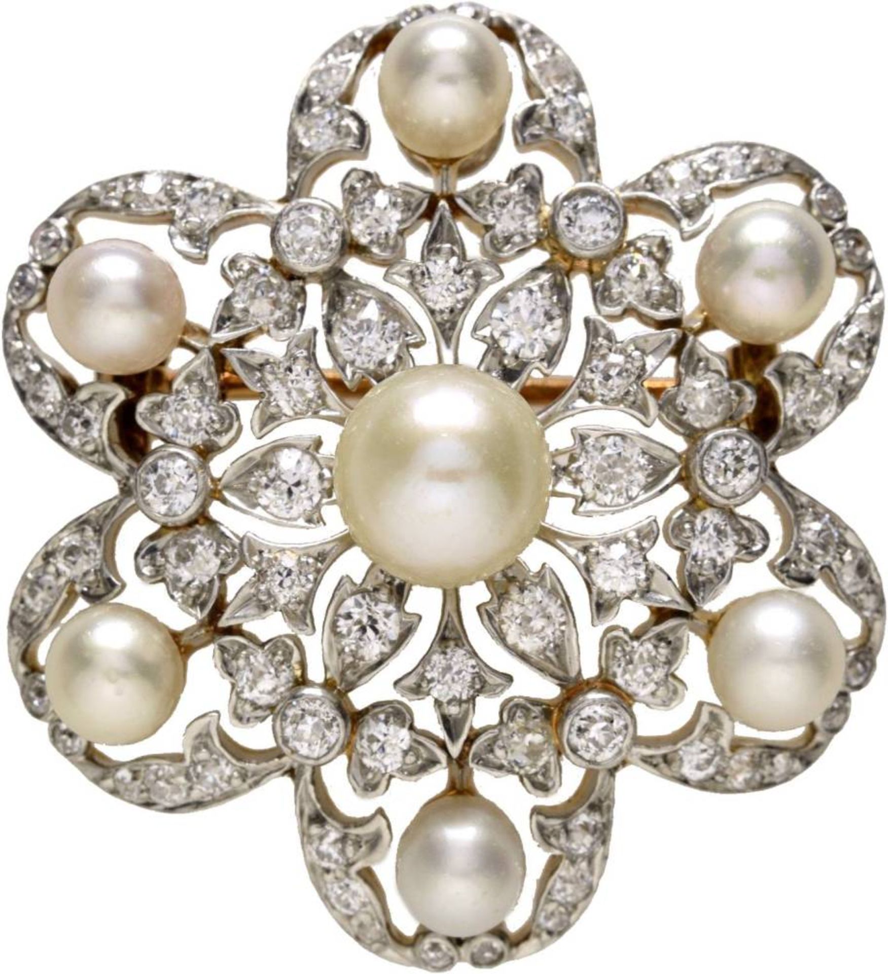 Art Nouveau Diamanten Perlen Brosche Tiffany & Co, 750 Gelbgold platiniert, 66 Diamanten im 8/8-