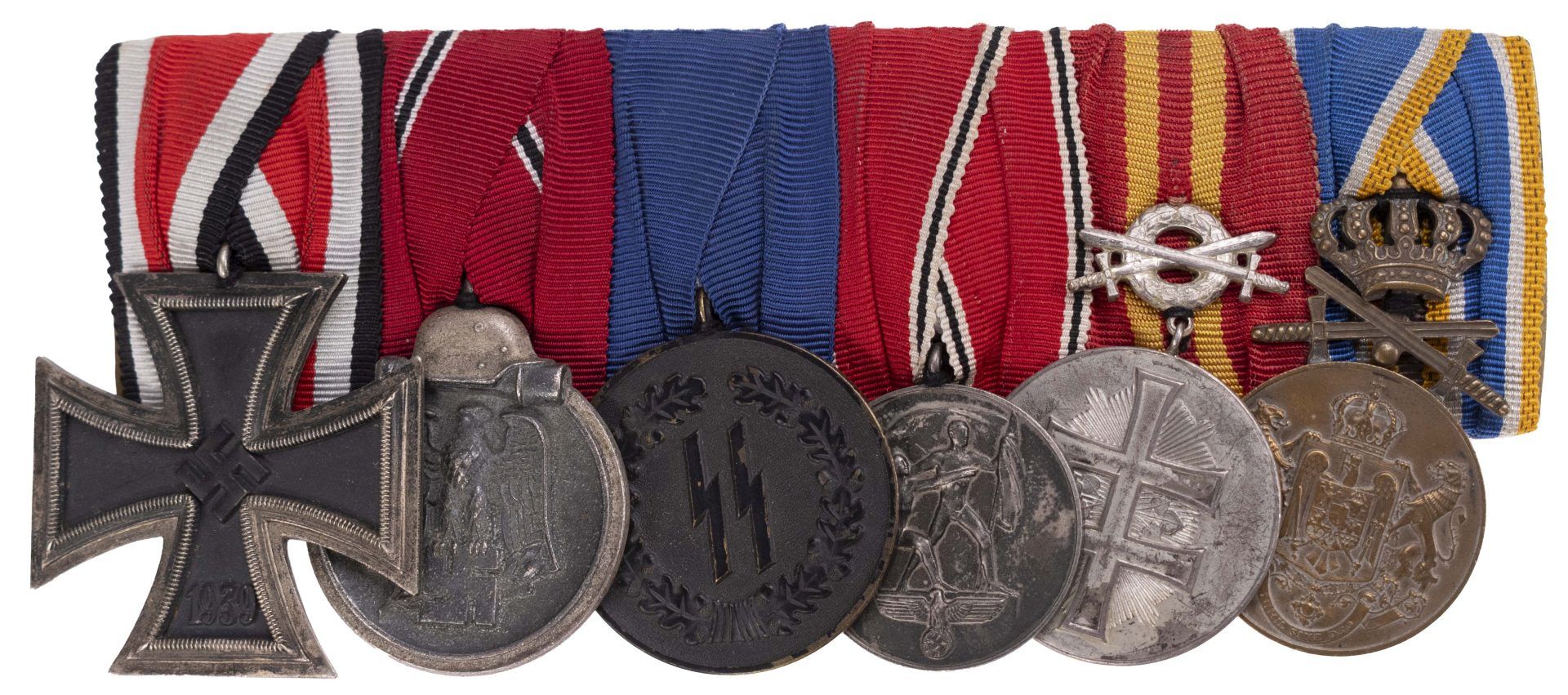 Ordensspange mit 6 Auszeichnungen, dabei Eisernes Kreuz 1939 2. Klasse, Ostmedaille, SS-