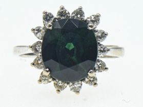 9ct white gold, green topaz and diamond cluster ring, size M 1/2, gross weight 5.11 grams
