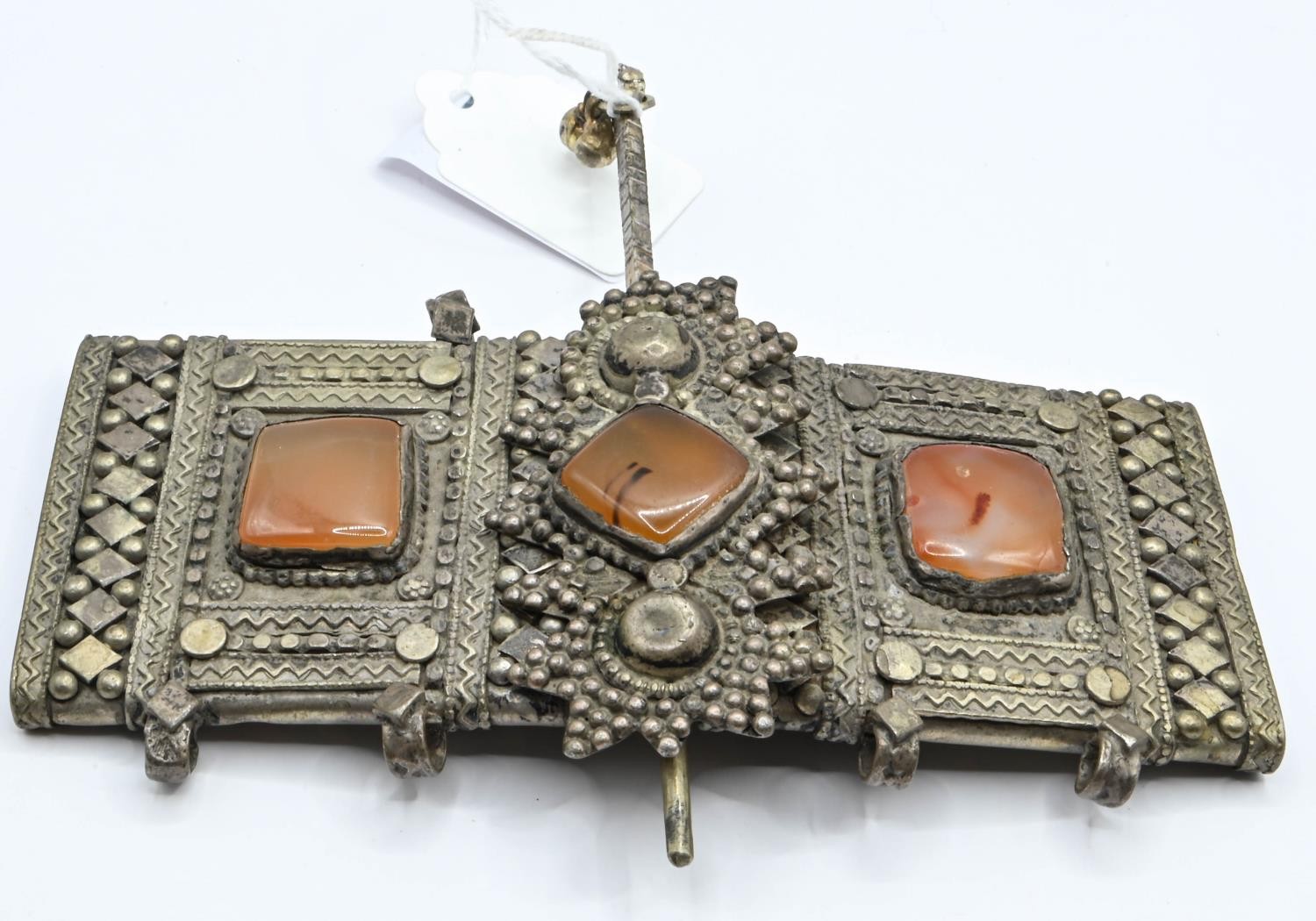 White metal Yemeni or Bedouin decorative buckle set with agate.