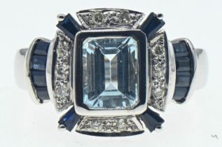 14ct white gold, aquamarine, sapphire and diamond ring, size O1/2, gross weight 7.5 grams