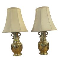 Pair of Japanese brass urn lamps with fitted lampshades and flora and fauna decorations H77cms 