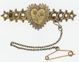 Victorian 9ct gold heart brooch, length 45mm, with non gold safety chain and pin, gross weight 2.64