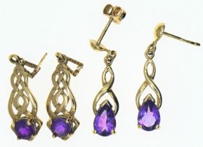 Two pairs of 9ct gold amethyst set drop earrings. Gross weight 3.7g