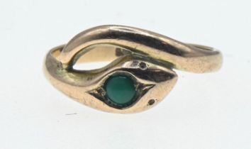 9ct gold crossover serpent ring with green stone, size N, gross weight 2.38 grams