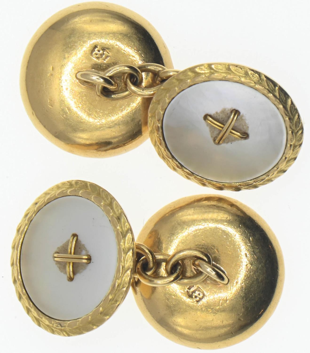 Pair of 18ct gold cufflinks set with mother-of-pearl. Gross weight 8.47g  - Image 2 of 2