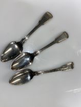 Three George III silver Fiddle & Thread pattern teaspoons, maker's mark IK, London 1814, initialled,