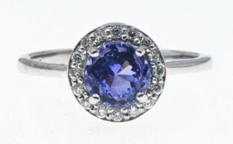 18ct white gold, tanzanite and diamond cluster ring, size N1/2, gross weight 3.25 grams 