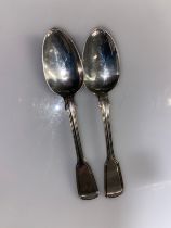 Pair of Victorian Fiddle & Thread pattern silver teaspoons, maker's mark GA, London 1852, initialled