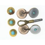 Matched yellow metal buttons set with turquoise and cufflinks set with mother-of-pearl and turquoise