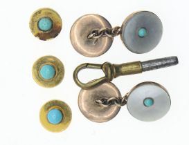 Matched yellow metal buttons set with turquoise and cufflinks set with mother-of-pearl and turquoise