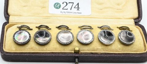 Set of six gilt mounted buttons set with mother-of-pearl, with fitted box