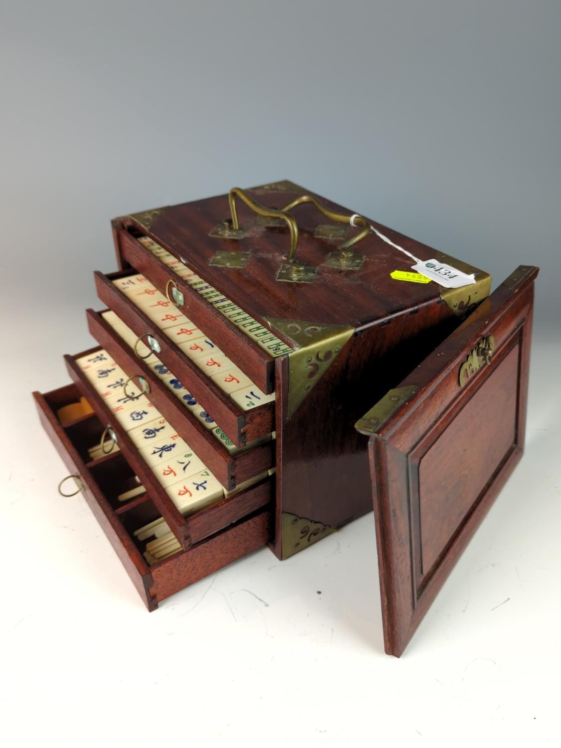 Mah Jong Set in 5 drawer case with brass furniture, with bone tiles backed onto bamboo Complete W23 