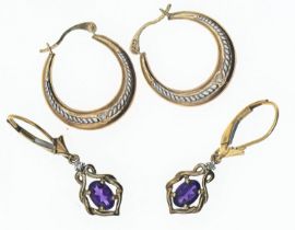 Pair of 9ct gold hoop earrings, together with a pair of yellow metal drop earrings set with amethyst