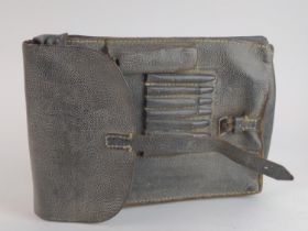 WWII German leather map case, ink inscription beneath flap: 'Souvenir from one Belgium friend Armand