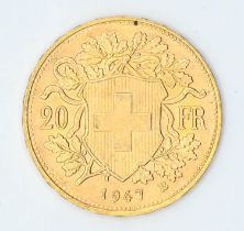 Swiss 1947 20 francs gold coin, impressed mark B, 6.45 grams 