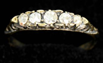 18ct gold and five stone diamond ring with old cut stones and scrolled mount, size N 1/2, gross weig