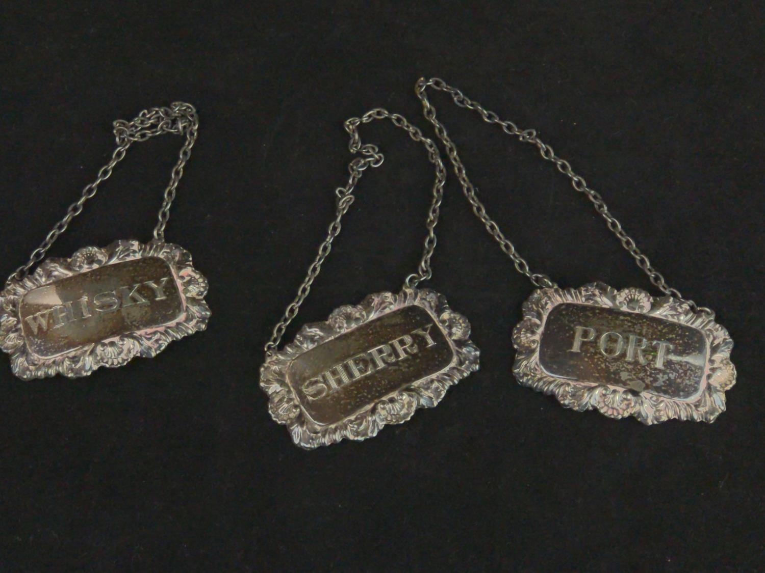 Three silver decanter labels, including Whisky, Sherry and Port, C J Vander Ltd, London 1959 and 196 - Image 2 of 3