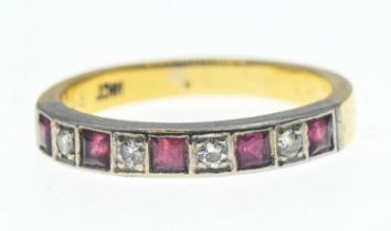 18ct gold, ruby and diamond set half hoop ring, size R 1/2, gross weight 4.63 grams