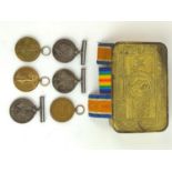 WW1 British Princess Mary's Gift Tin Christmas 1914 containing three WWI Victory Medals and three Wa