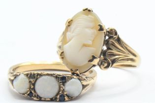 Two rings; including: a 9ct gold cameo ring, size P 1/2; and a 9ct gold opal trilogy ring with four