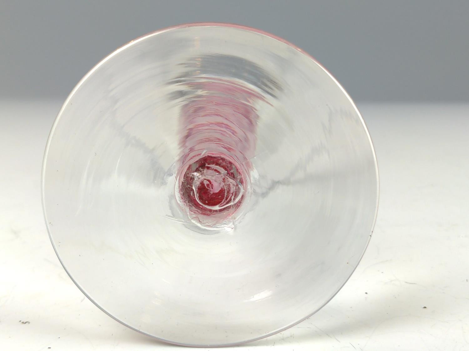 Opaque and red twist stem wine glass, probably Dutch, with bell-shaped bowl, on a conical foot, heig - Image 3 of 4